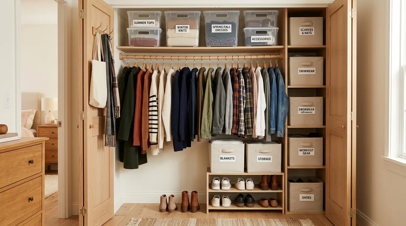Small closet with seasonal clothing organized into sections